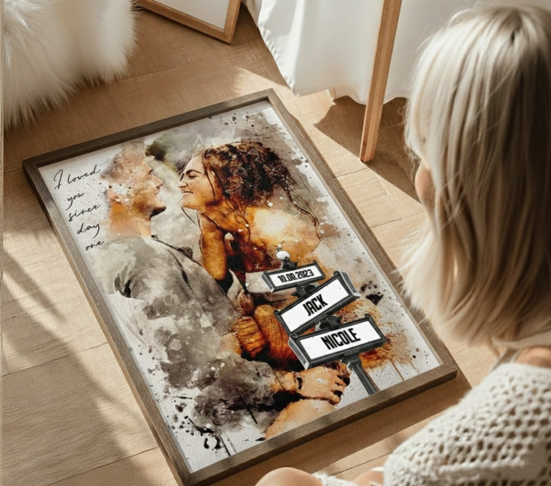 over the shoulder shot of a woman looking at personalized watercolor couple's portrait with custom street names