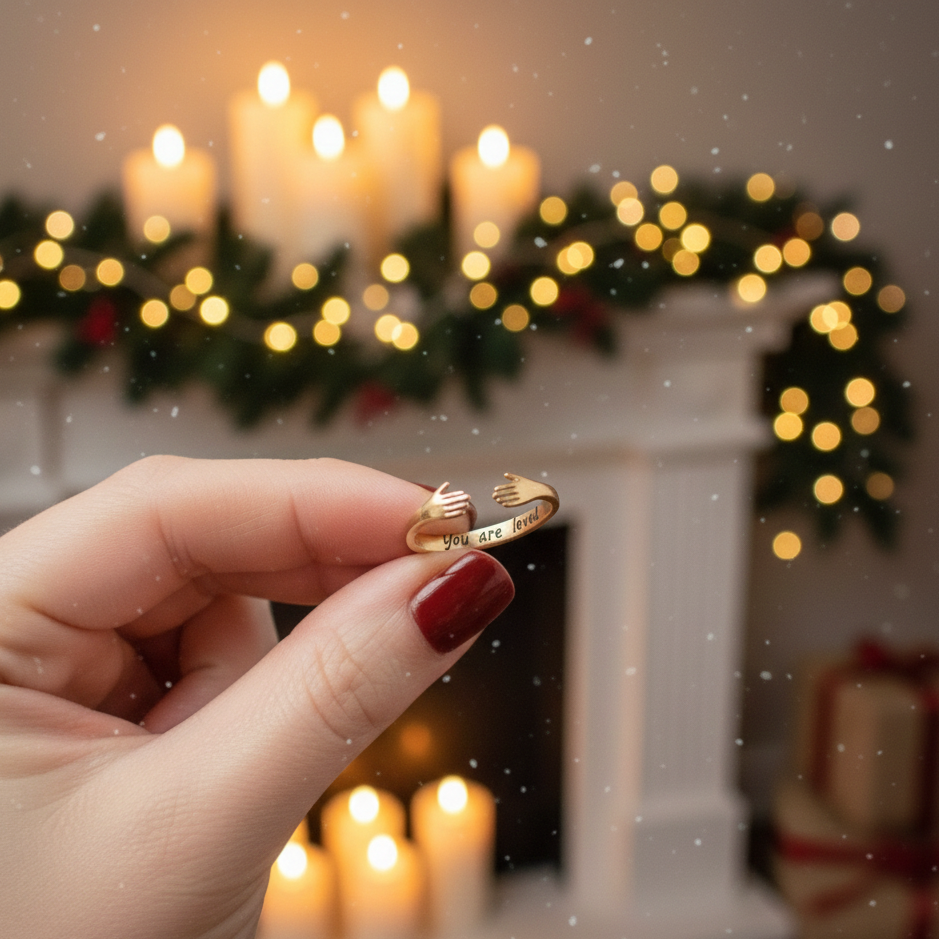 Close-up of a gold adjustable hug ring with small hands design, engraved with "you are loved," against a holiday-themed backdrop