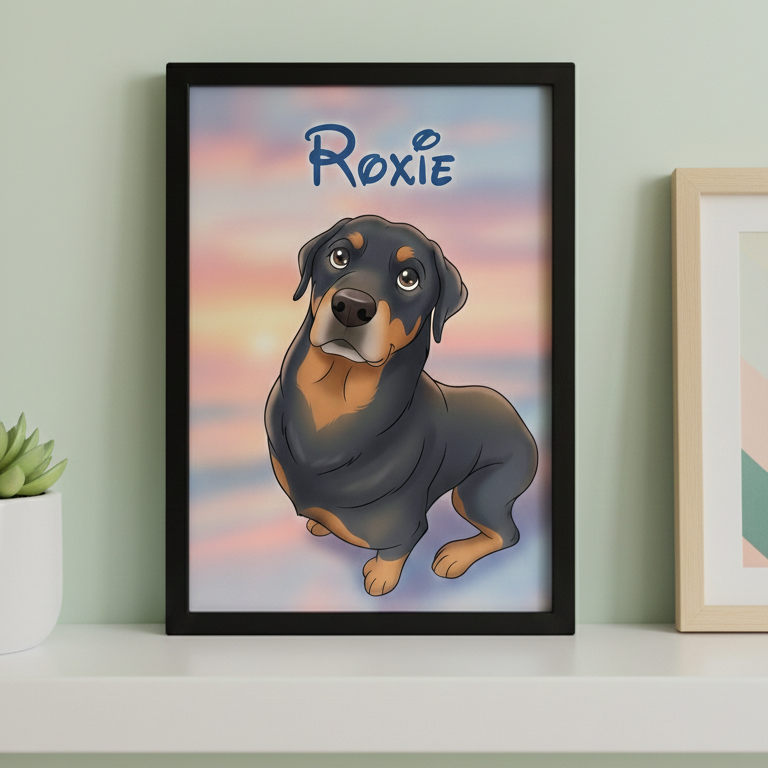 cartoon pet portrait in black frame 