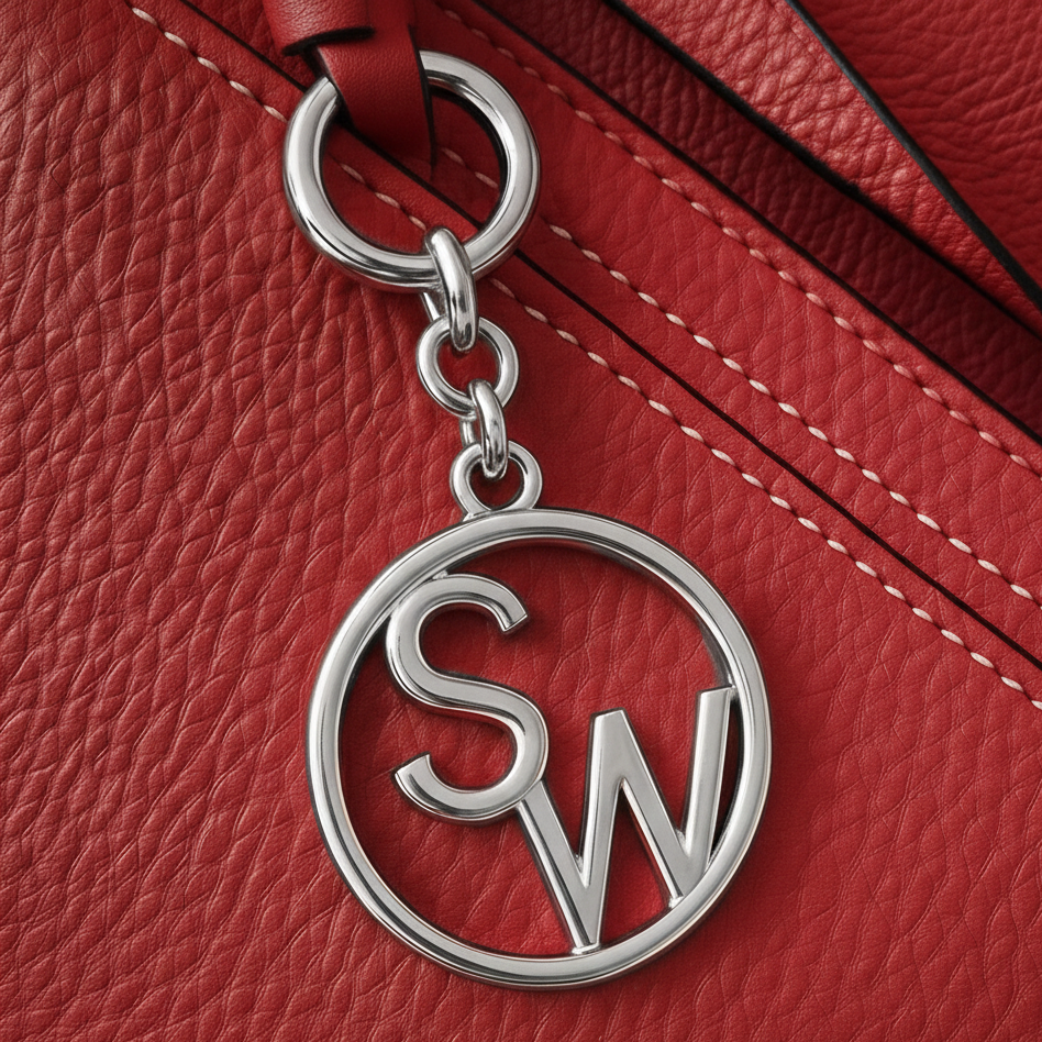 silver monogram key chain on red bag