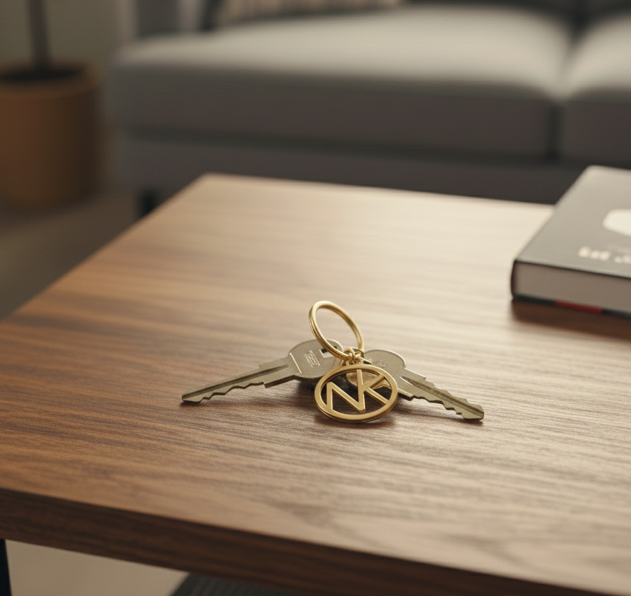 A flat-lay, top-down photograph of a  rose gold keychain resting on a dark wooden surface