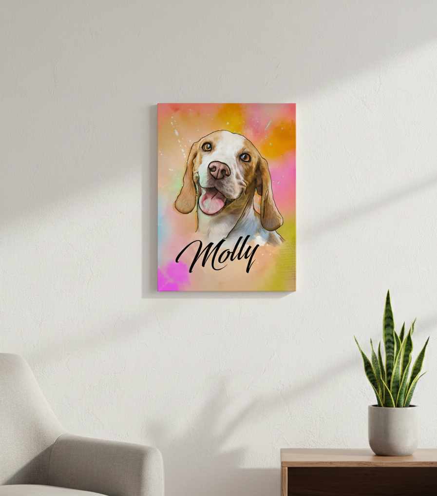 aurora inspired illustrated portrait of dog with name in black script hanging on white wall 