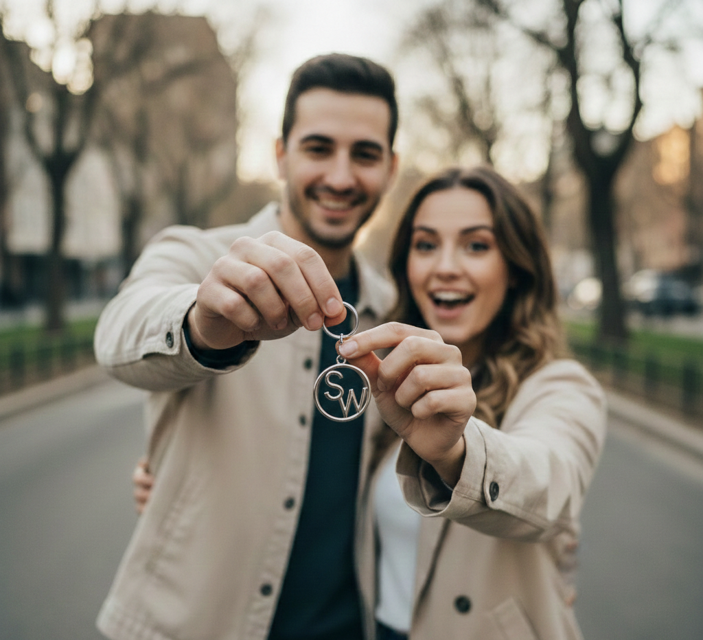 A blurred couple in the background watches as two hands hold up a silver circular keychain with the cutout initials "SW" on a suburban street.