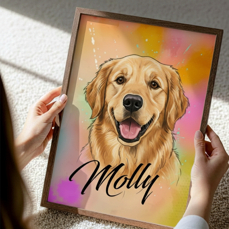 over the shoulder sot of a woman holding a aurora inspired illustrated portrait of dog with name i black script 