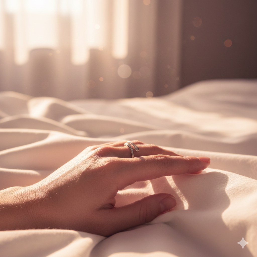 woman's hand on white sheet showcasing silver hug ring
