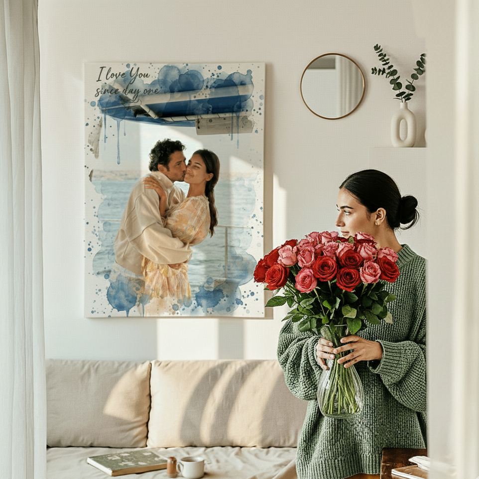 woman holding flowers while looking watercolor necklace with words i love you since day one 