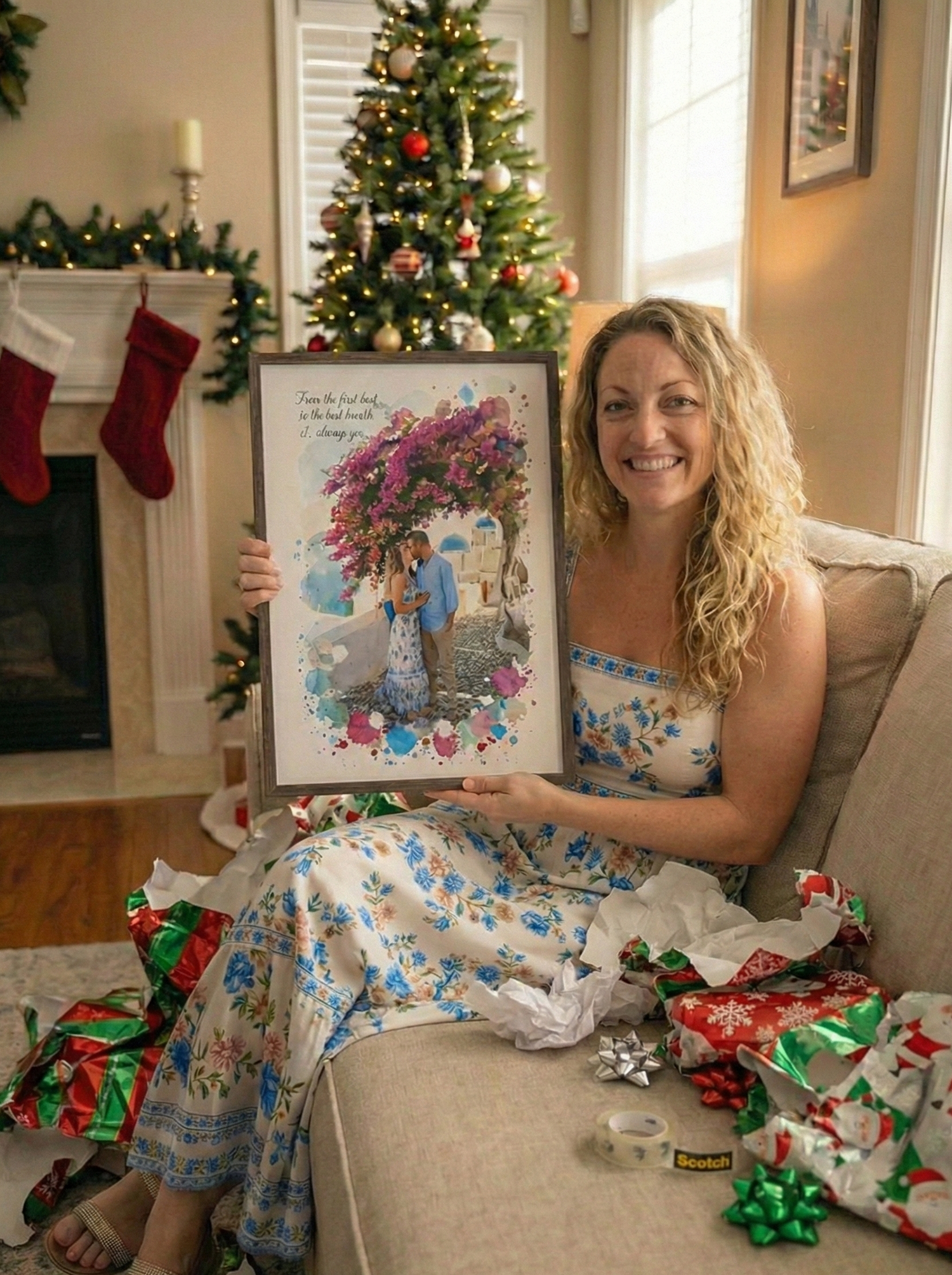 Woman holding a framed personalized watercolor print of a couple kissing under bougainvillea, surrounded by Christmas wrapping paper.