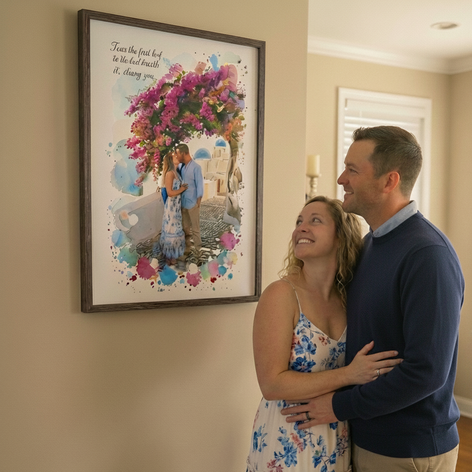 couple embracing and looking at hanging watercolor portrait of themselves 