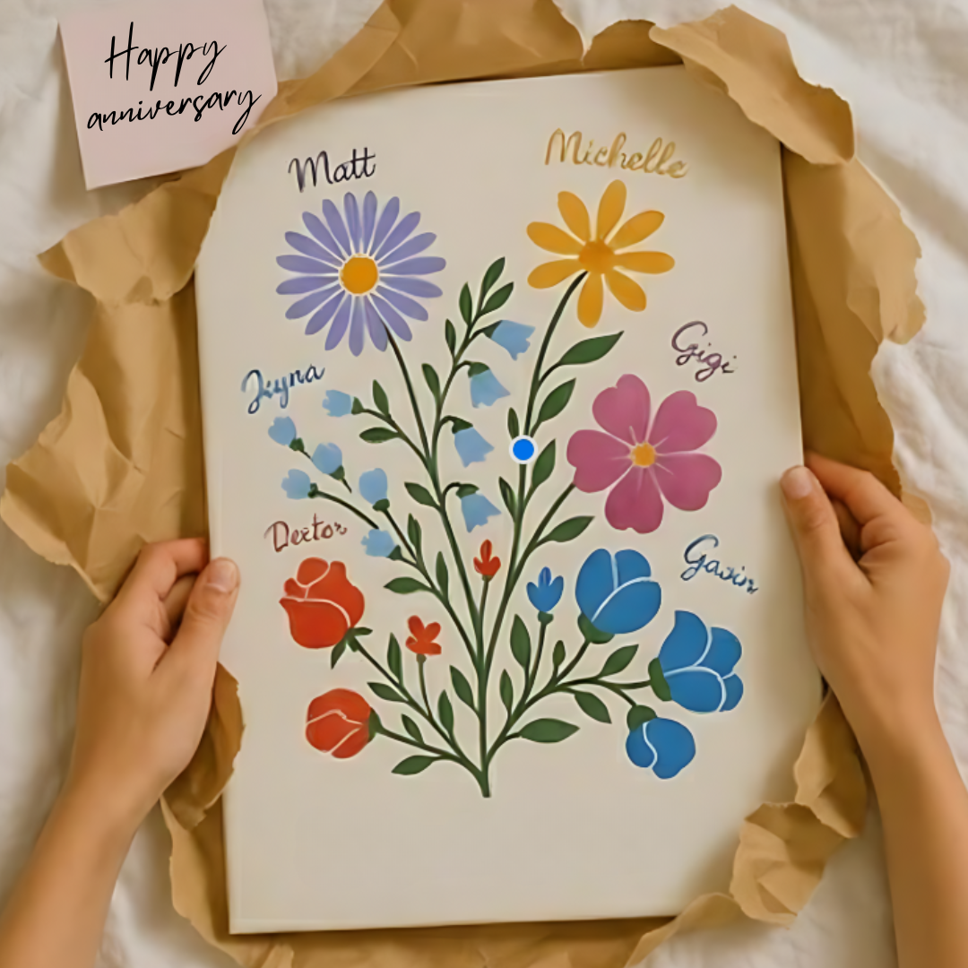 hands unwrapping a custom birth flower family garden canvas with a note that says happy anniversary 