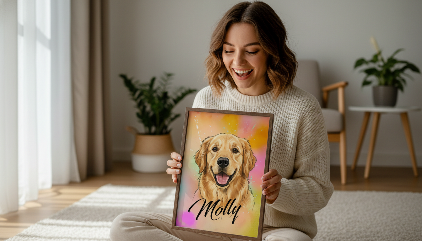 woman holding framed aurora inspired illustrated portrait of dog with name in black script