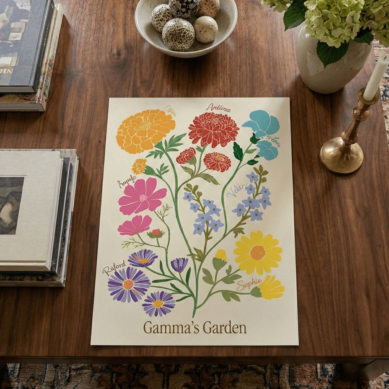 printed poster of an illustrated family garden laying flat on a table 