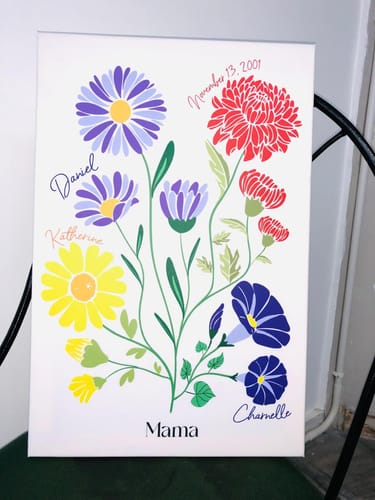 Small canvas print titled "Mama" featuring a bouquet of colorful flowers labeled with names and a date.