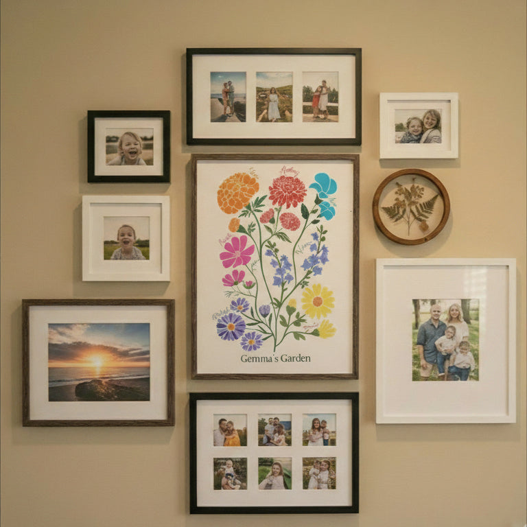 gallery wall of photos with framed illustrated family garden in the center 