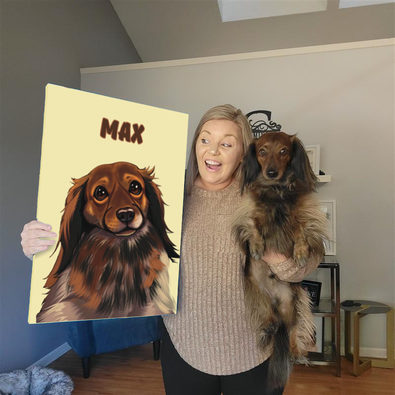 woman smiling and holding pet in one hand while a personalized pet portrait in the other 