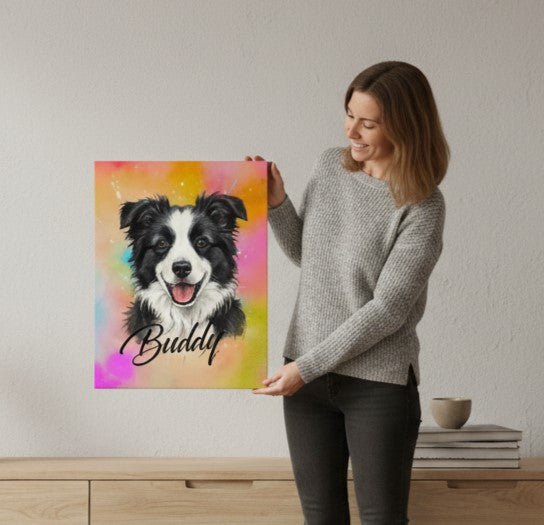 woman holding aurora inspired illustrated portrait of dog with name in black script 