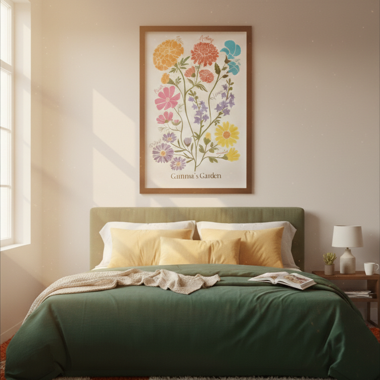large framed family garden illustration of birth flowers hanging above a green bed 