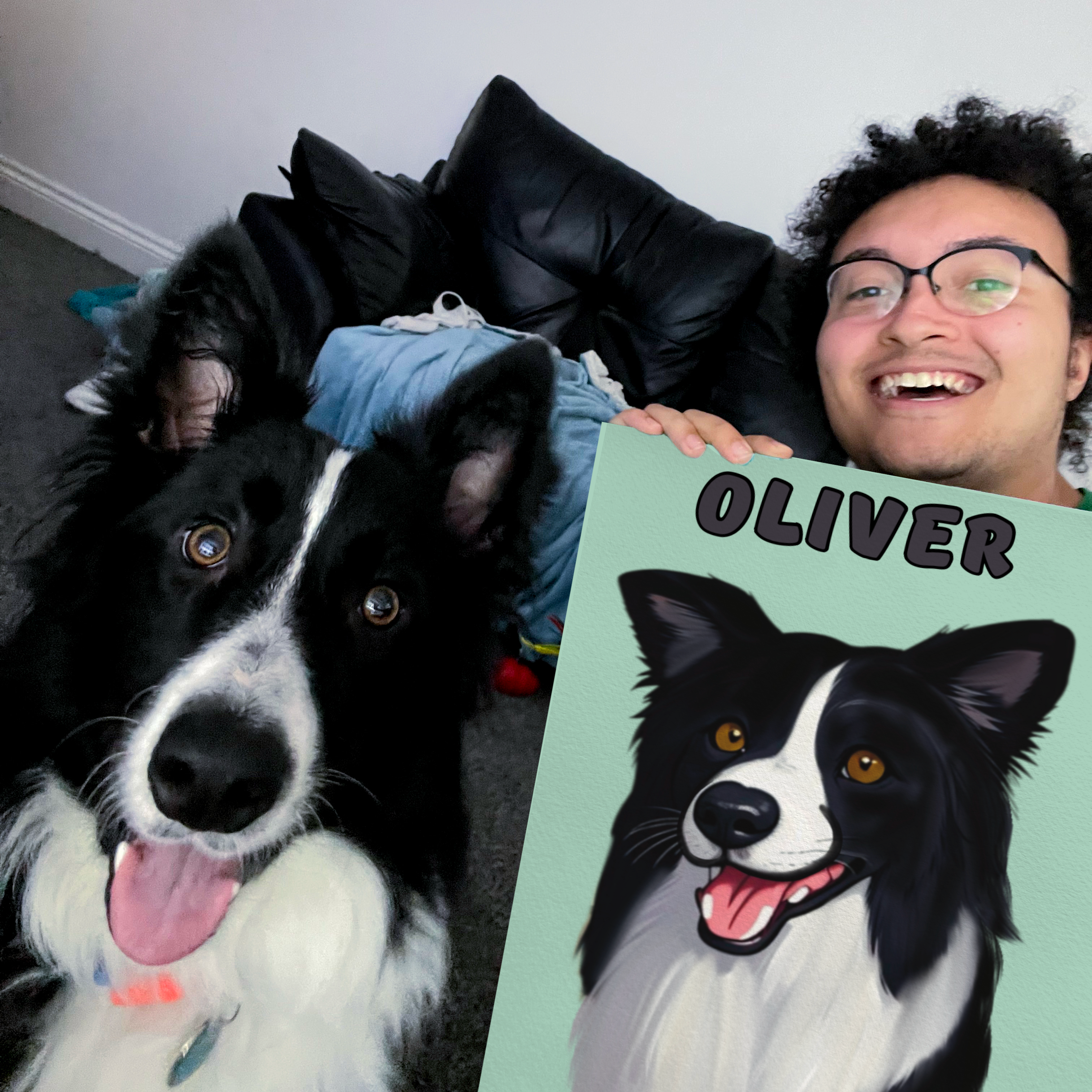 man holding illustrated portrait of his pet who sits next to him 