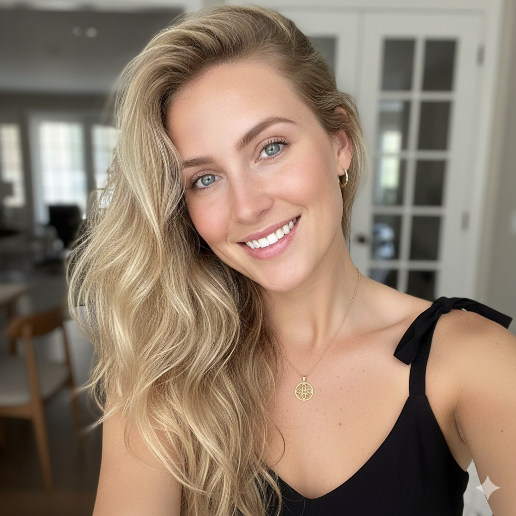 woman taking a selfie wearing a gold monogram necklace 