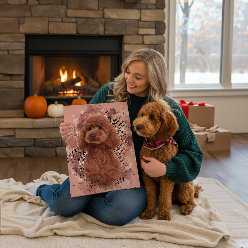 woman sitting in front of a fire place holding her dog and a custom illustration of her dog 