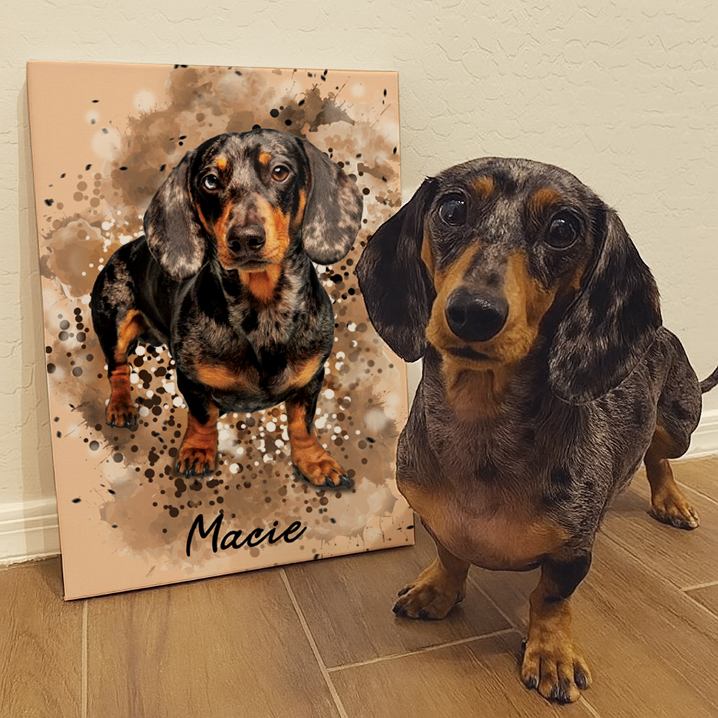small breed dog standing in front of a personalized pet portrait 