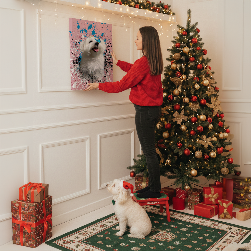 Woman hanging pet portrait next to christmas tree