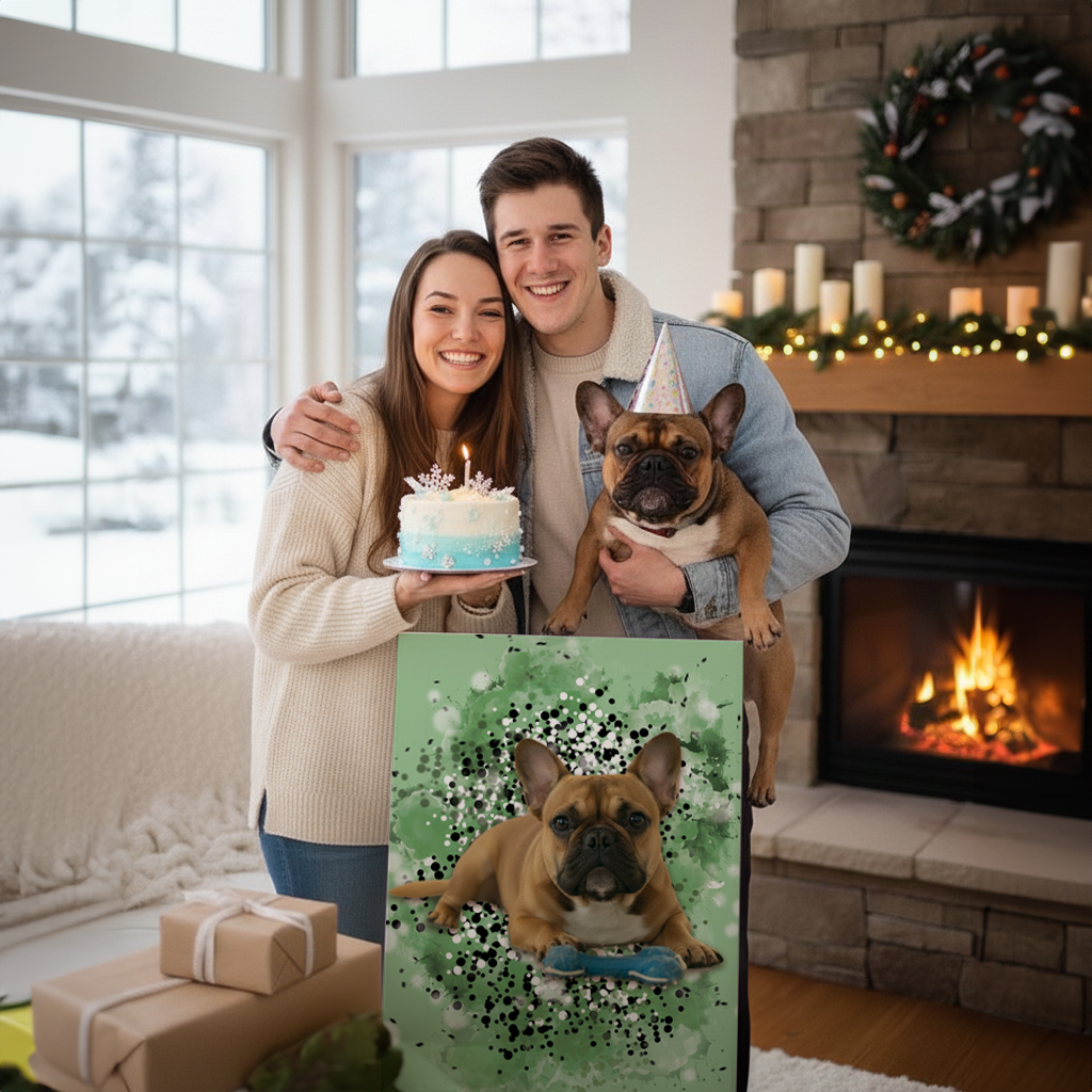 Couple and their dog standing behind a canvas portrait of their dog