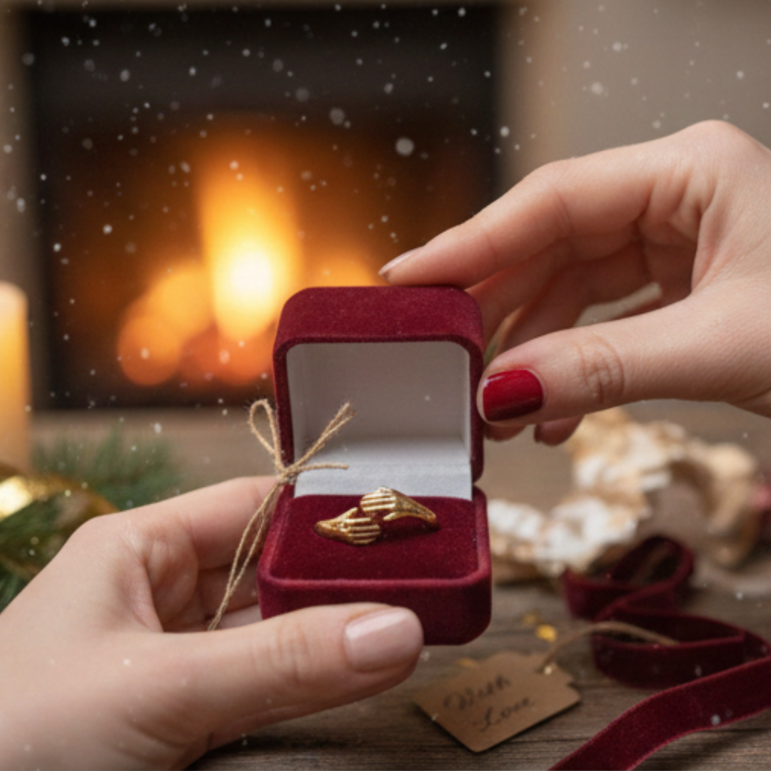 Gold adjustable ring with delicate hand design, close-up in ring box with Christmas background 