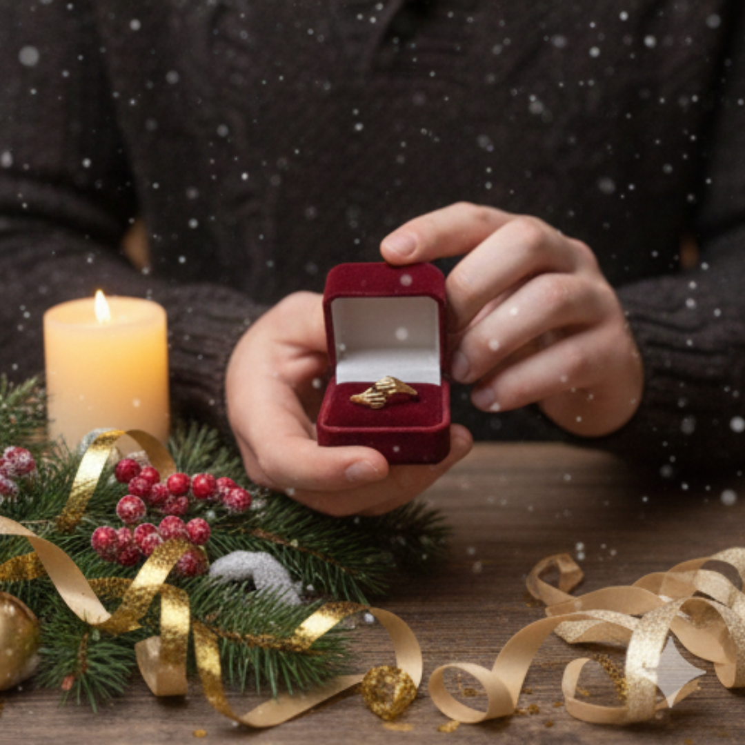 close up of man holding red ring box with Gold adjustable ring with delicate hand design inside 