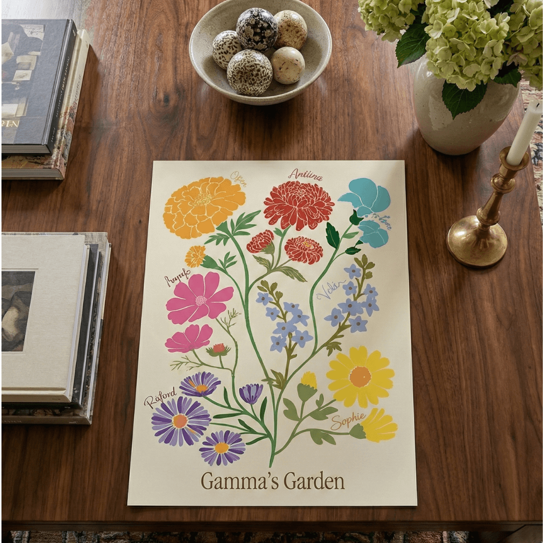 Colorful custom garden-themed print with various flowers, each labeled with a name, and the title "Gamma's Garden."
