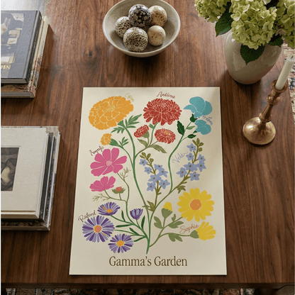 Colorful custom garden-themed print with various flowers, each labeled with a name, and the title "Gamma's Garden."