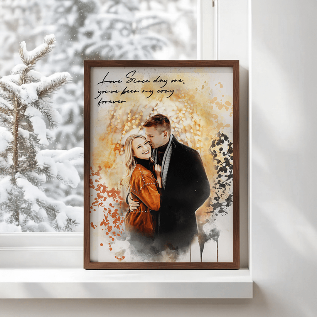 framed fall themed personalized couples portrait in a window sill 
