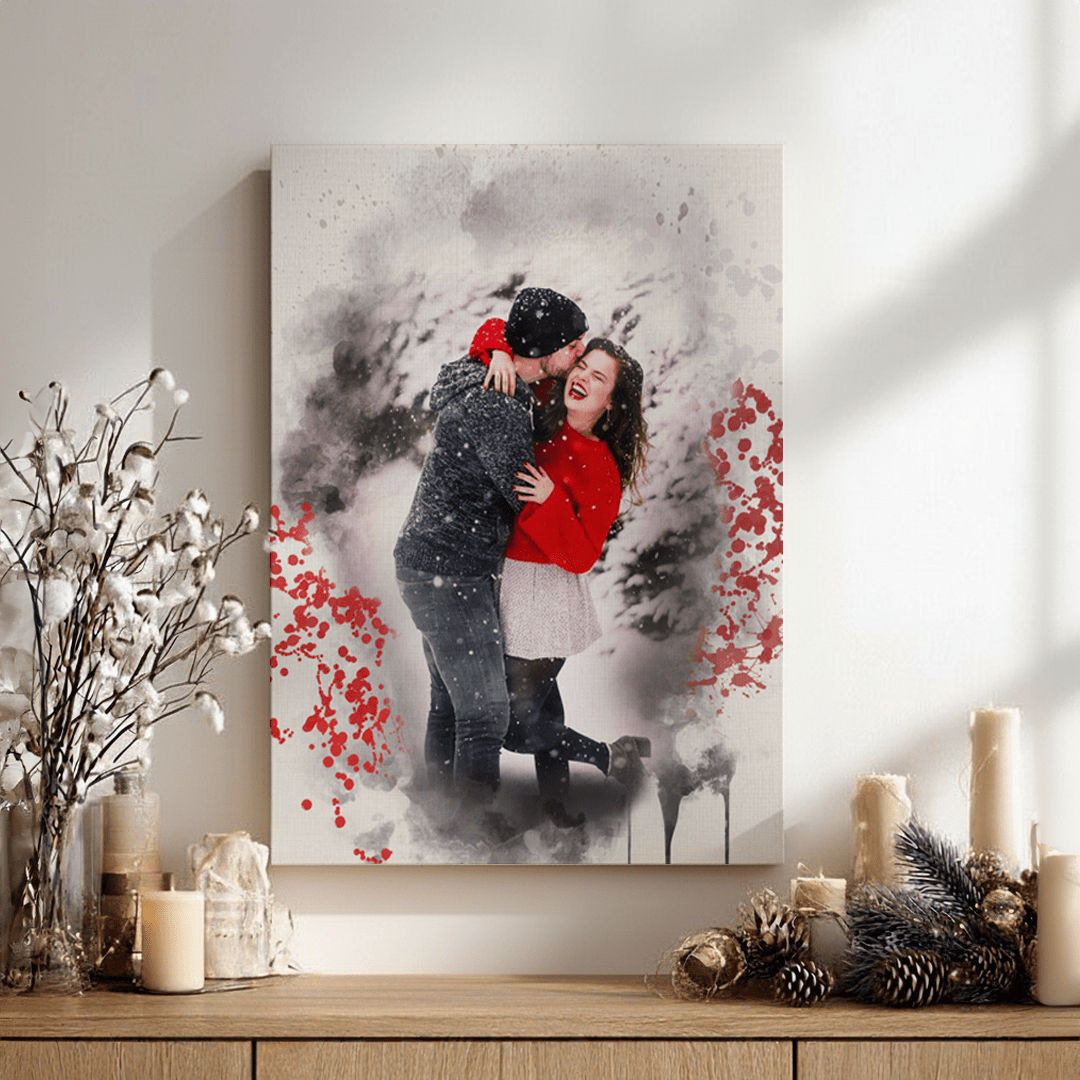 a personalized couples portrait hanging above a dresser 