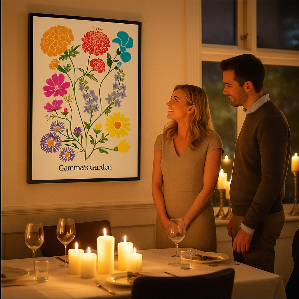 Couple standing in front of a candlelight dinner while looking at a personalized birth flower family garden illustration 