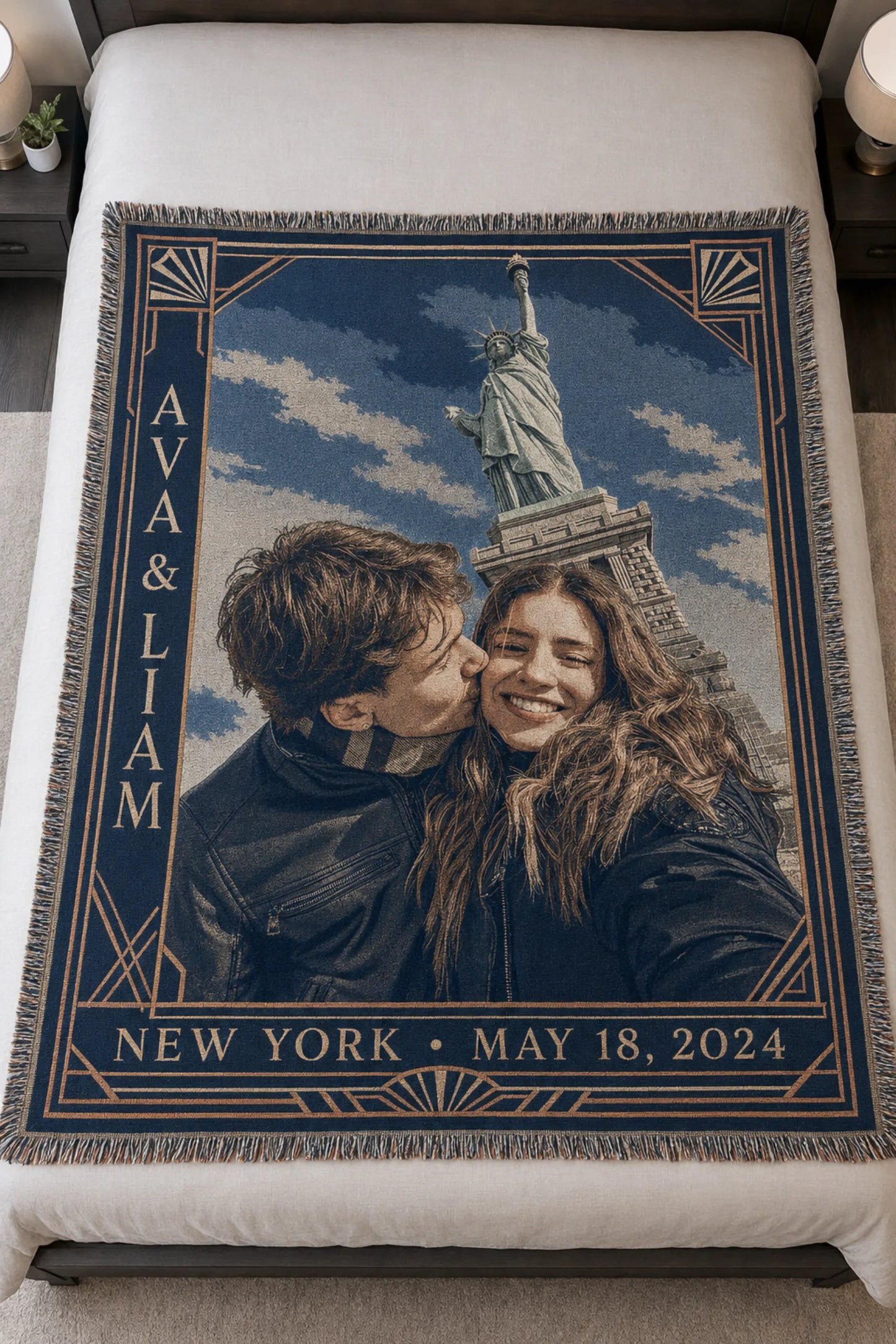 Art Deco City custom couple woven blanket spread across a bed