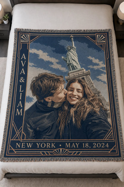 Art Deco City custom couple woven blanket spread across a bed