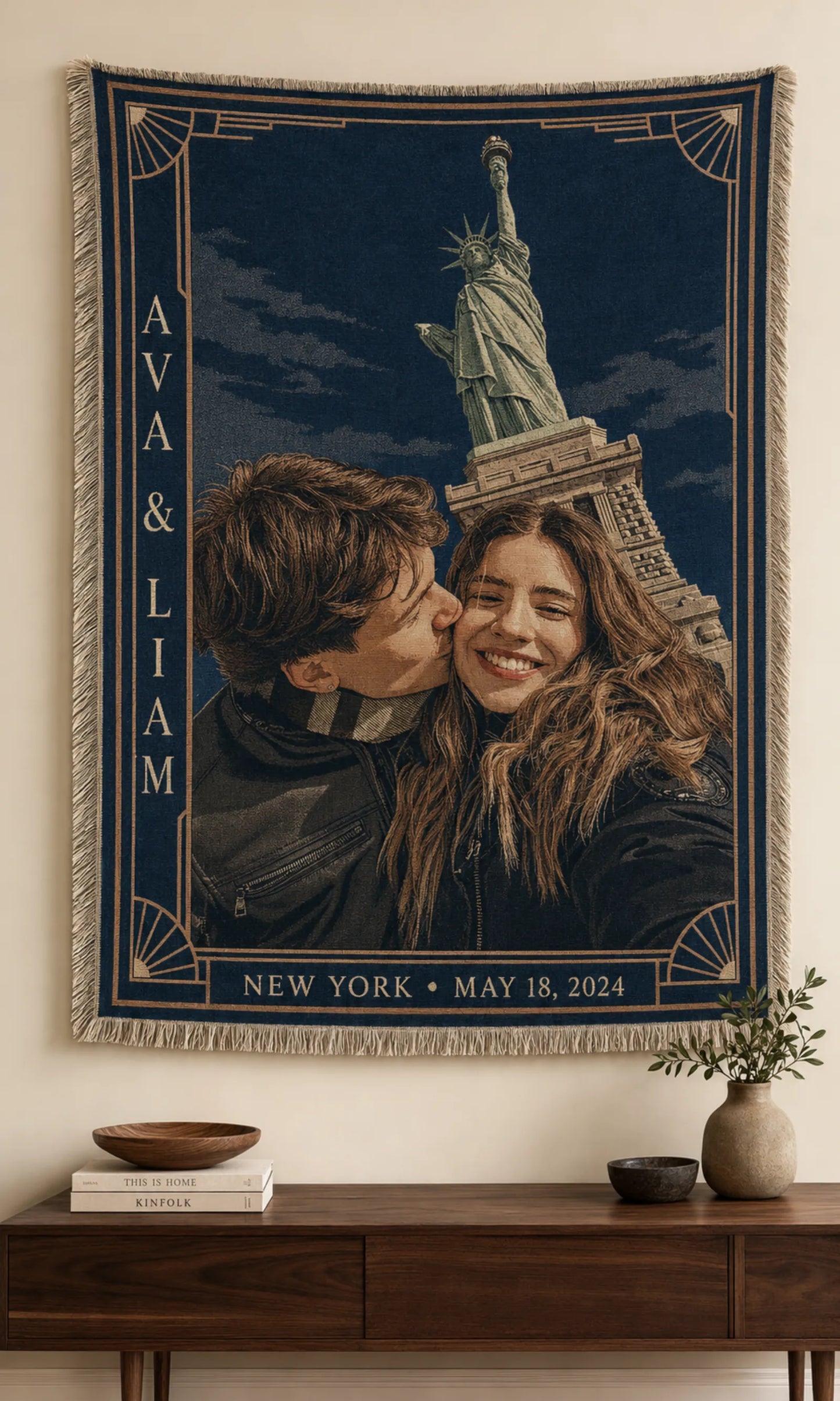 Custom Couple Woven Blanket in the Art Deco City design with names, city and date in a navy and gold border