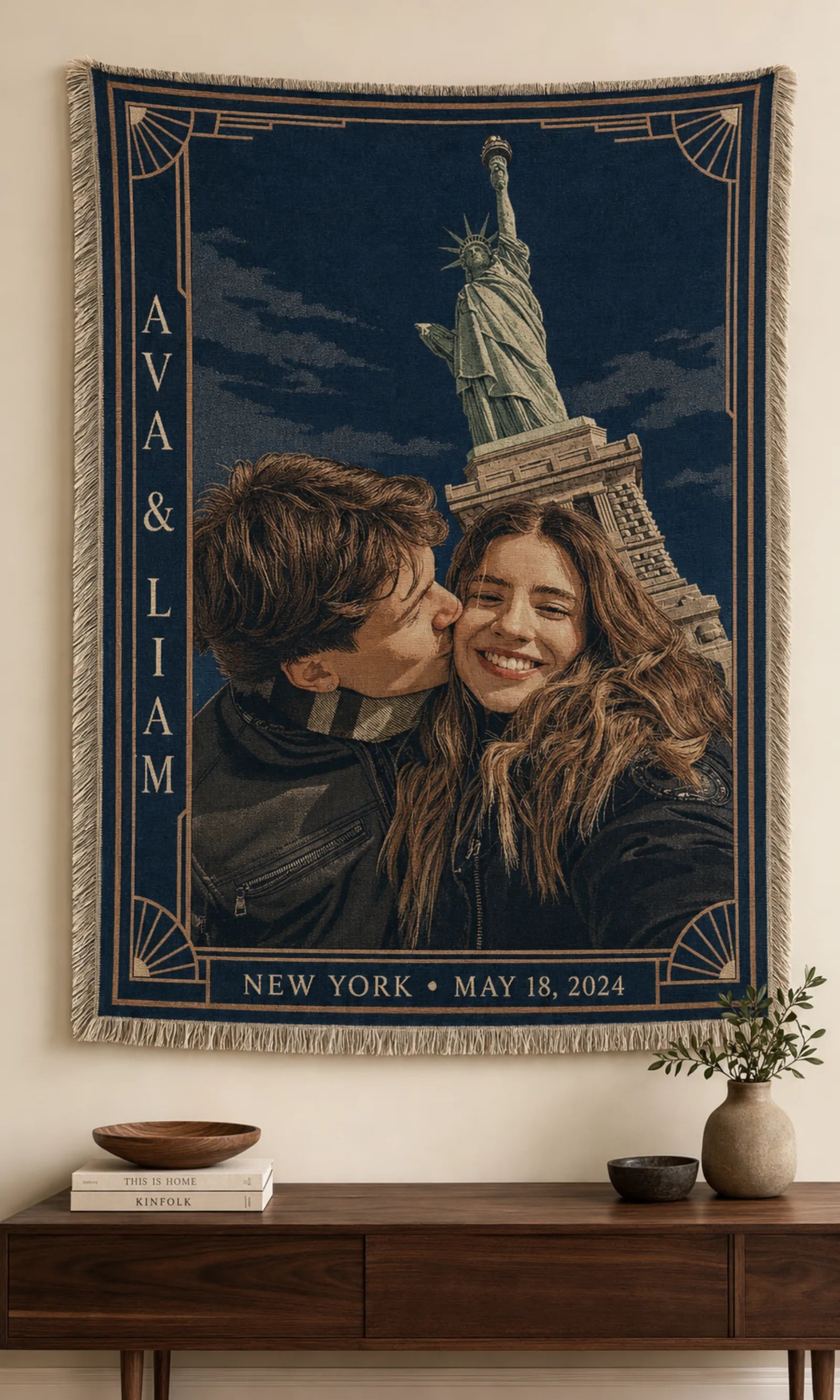Custom Couple Woven Blanket in the Art Deco City design with names, city and date in a navy and gold border