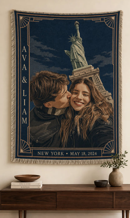 Custom Couple Woven Blanket in the Art Deco City design with names, city and date in a navy and gold border
