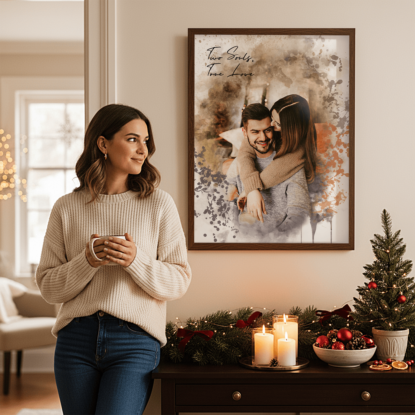 woman leaning against a wall that has a framed personalized couples portrait hanging 
