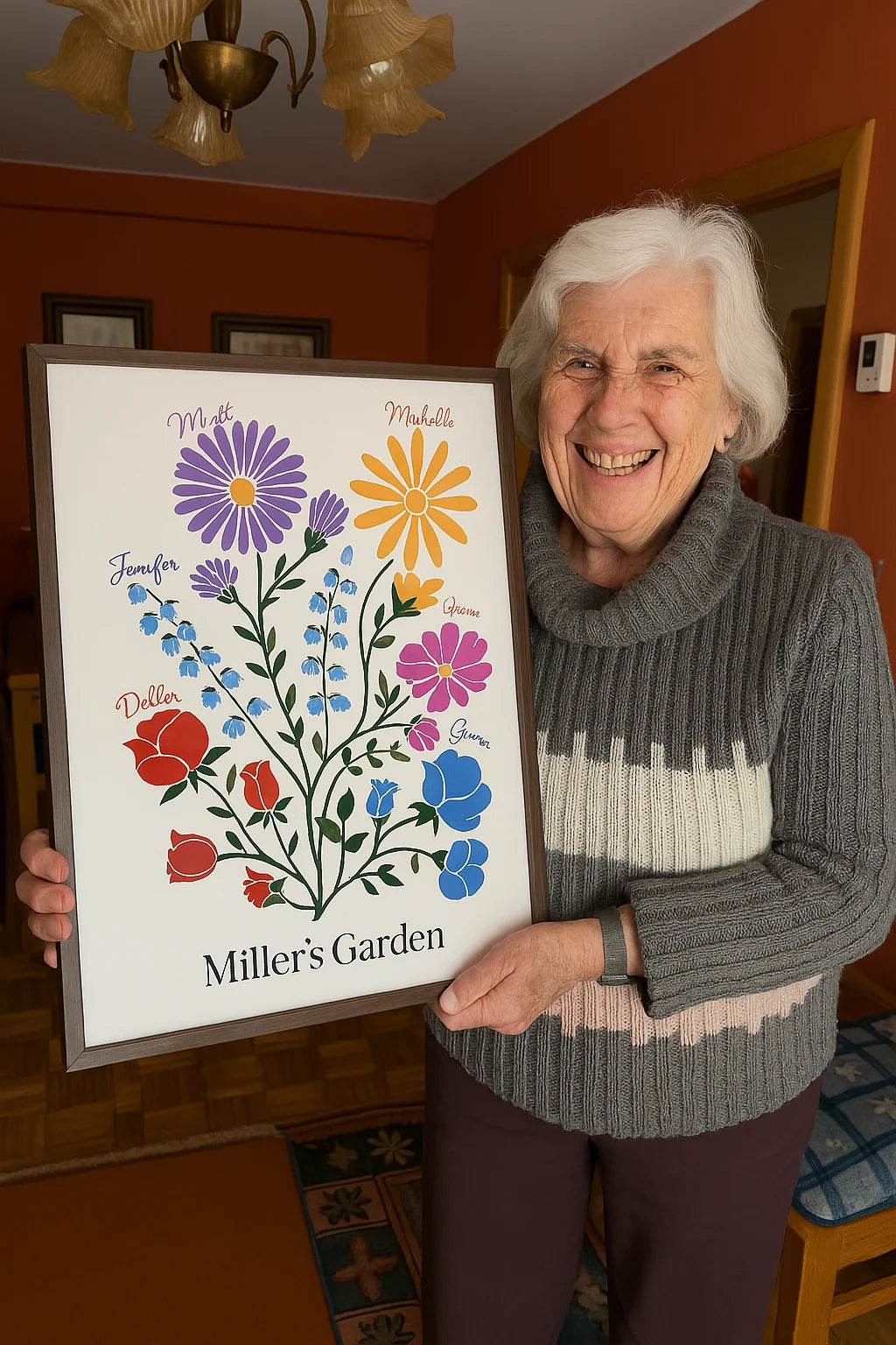 A smiling elderly woman in a grey sweater holds a framed white poster titled "Miller's Garden," featuring colorful illustrated birth flowers with names like Matt, Michelle, Jenifer, and Grace written in script above individual stems.