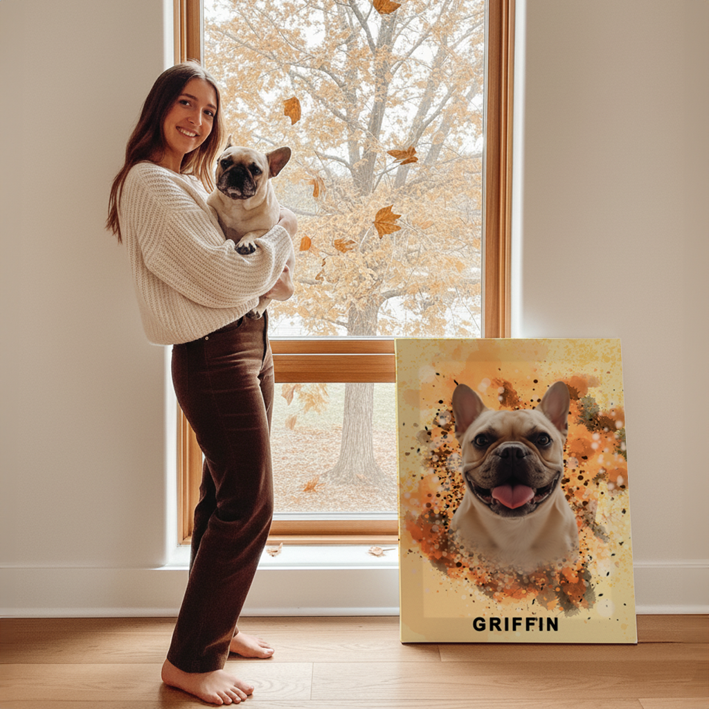 woman standing and holding her dog in front of a window next to a custom pet illustration 