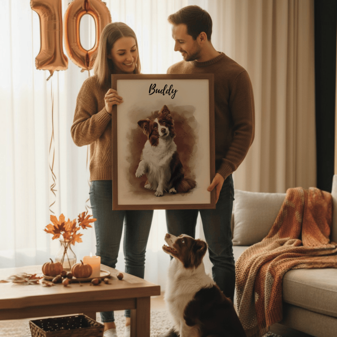 couple holding framed illustration poster  of their dog 