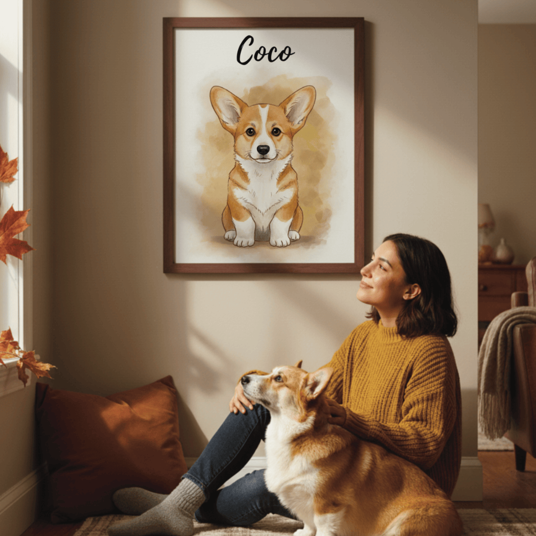 woman and her dog sitting in front of a custom illustration of her dog 