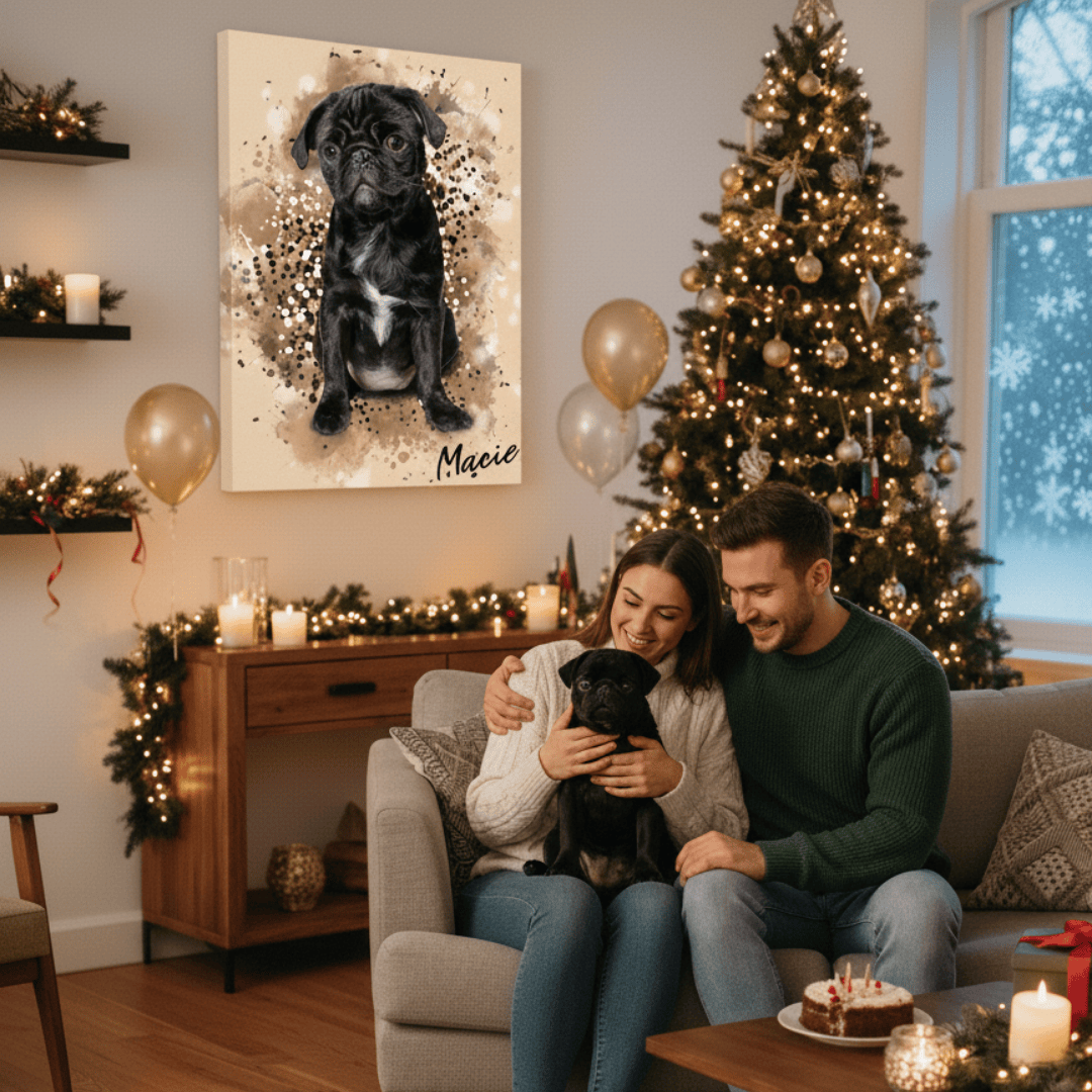 Woman with a dog on her lap sitting net to a man Infront of pet portrait and Christmas tree