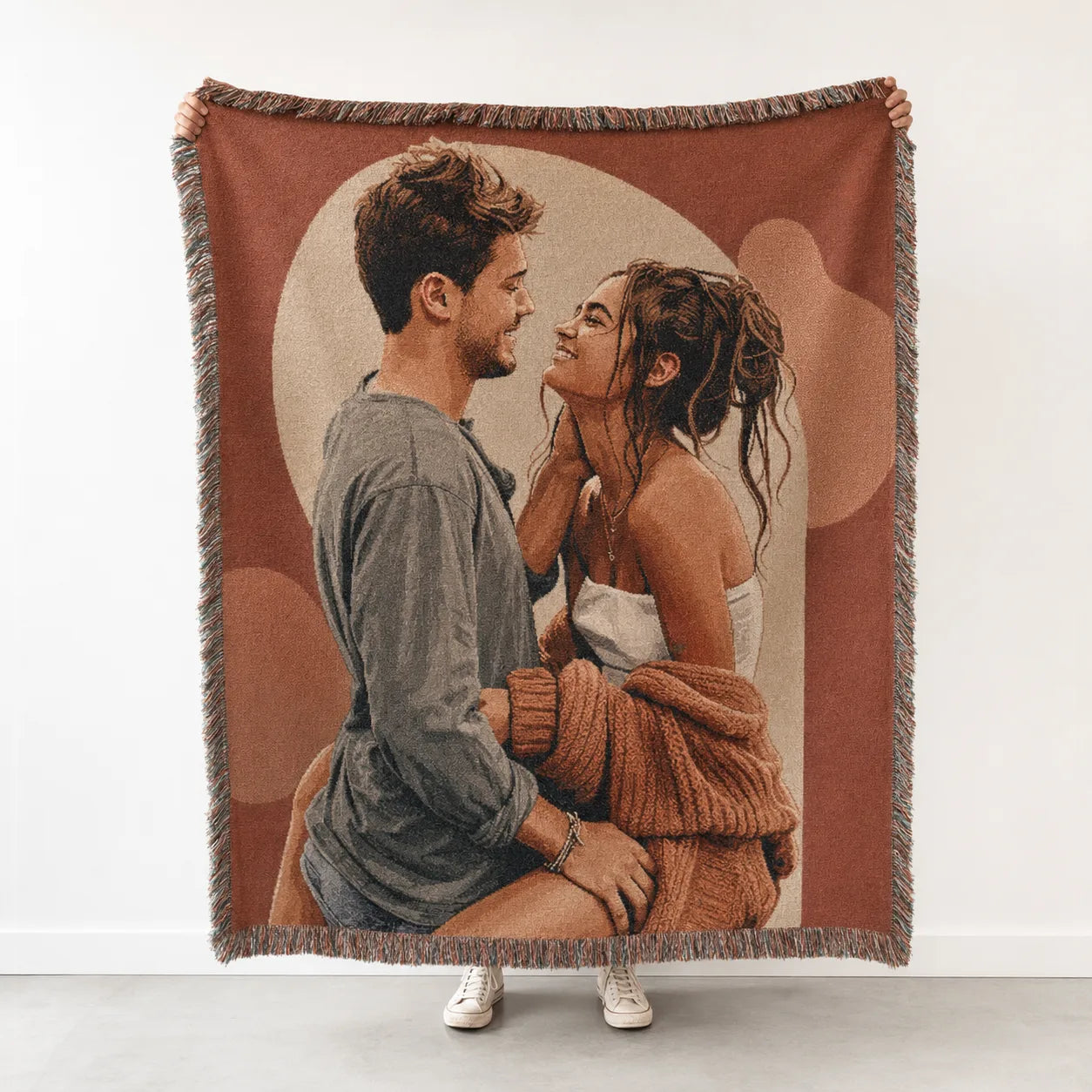 Custom Couple Woven Blanket in the Boho Arch design, terracotta tones with a fringed edge