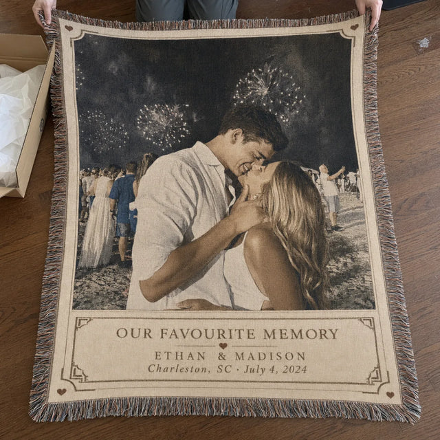 Customer photo — Favourite Memory couple woven blanket being unboxed, fireworks photo with names, place and date