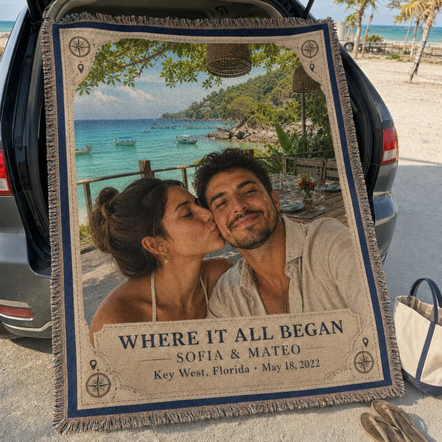 Customer photo — Where It All Began woven blanket at the beach with names, place and date