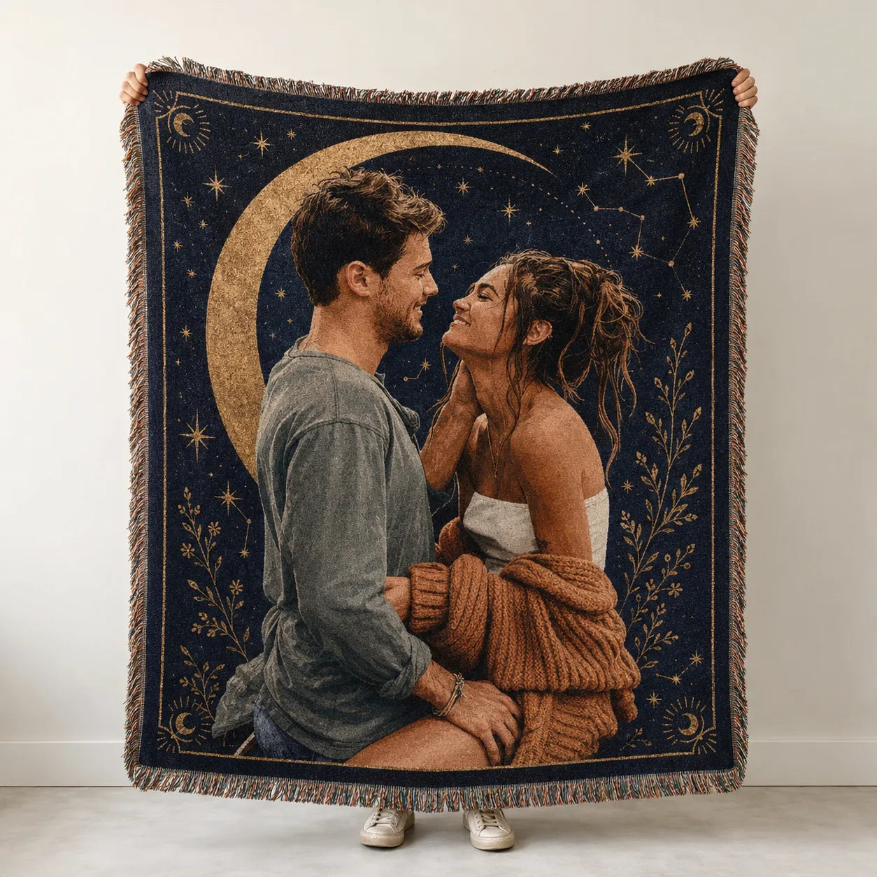 Custom Couple Woven Blanket in the Celestial Moon design, navy and gold crescent moon with stars