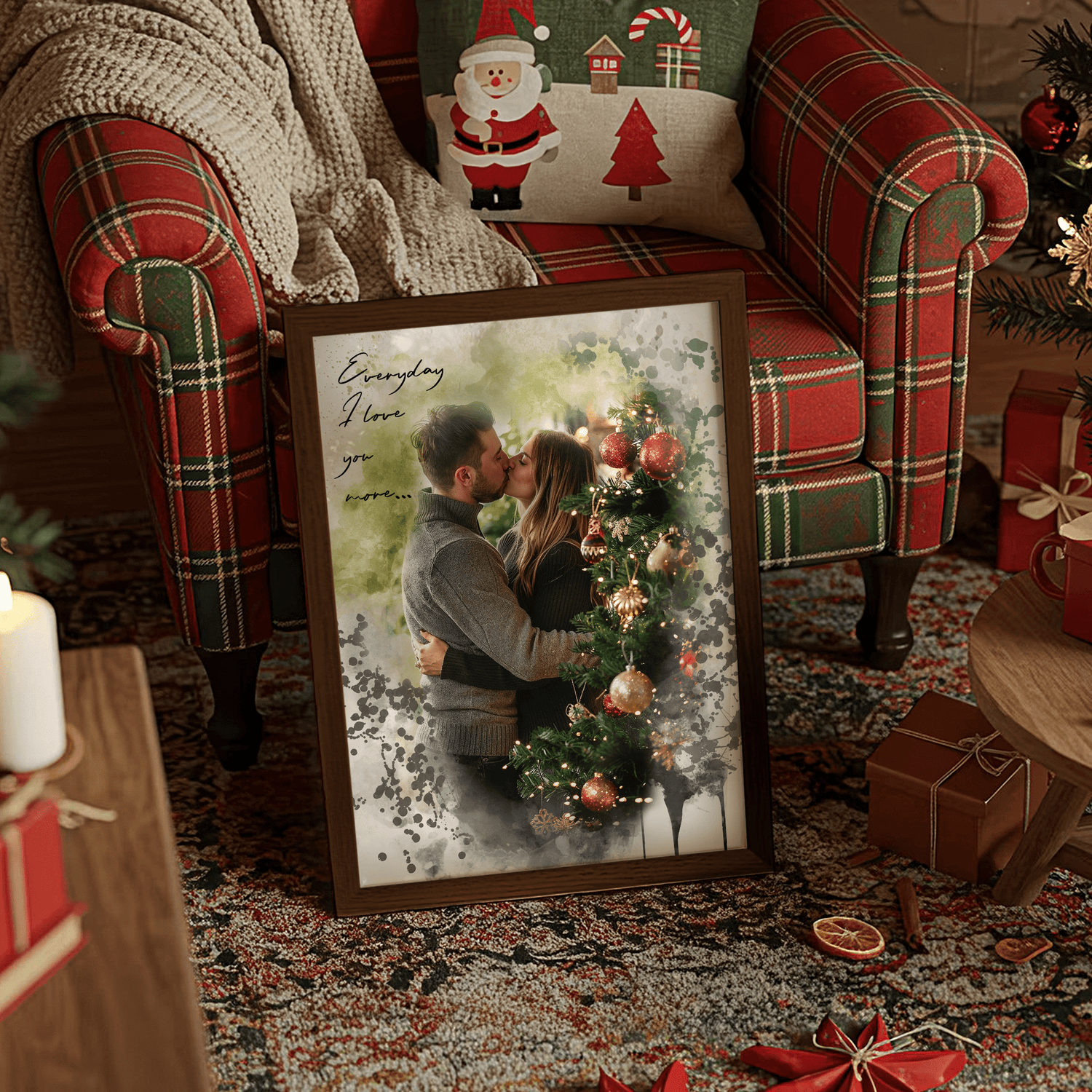 Christmas themed setting with a framed couples portrait leaning against a chair