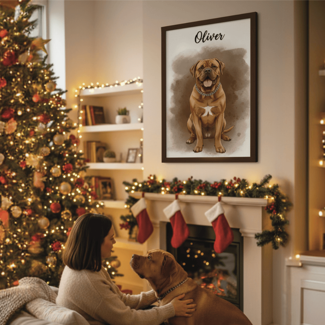 Woman holding her dog sitting looking at pet portrait canvas hanging over fireplace 